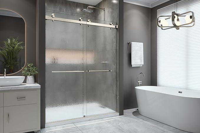 VITRA-200X 56.5-59" W x 78" High 3/8" Twinglide Frameless Shower Door with (10mm) Rain Tempered Glass (Brushed Nickel)
