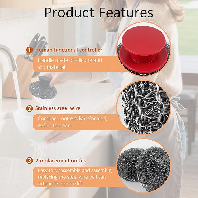 Stainless Steel Wool Scrubber with Rubber Handle & 2 Pads for Cleaning Dishes, Kitchen Pots, Pans, Grills (Red)
