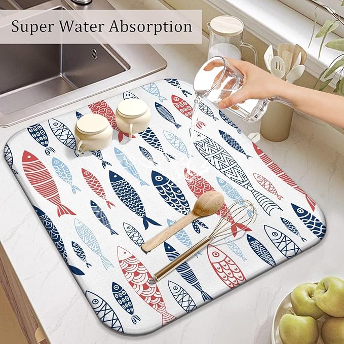 Fish Dish Drying Mat for Kitchen Countertops, Japanese Fish Pattern Microfiber Drying Mat, Washable and Absorbent Farmhouse Style Countertop Dish Drainer, 16x18 Inch