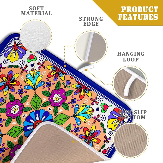 Mexican Talavera Dish Drying Mat Navy Blue Microfiber Dish Drain Pad for Kitchen Decor
