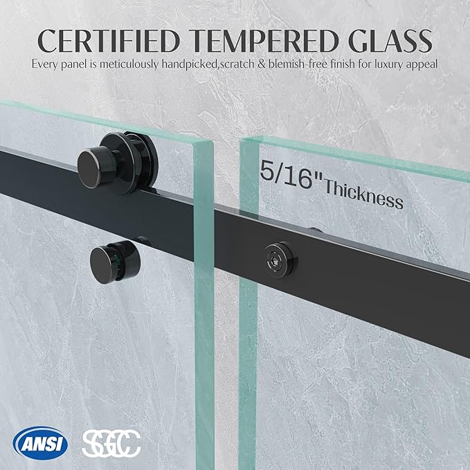Shower Door Frameless 44-48'' W x 72'' H, Sliding Glass Door, 5/16 inch (8mm) Thickness Clear Tempered Glass for Walk-in Shower, Matte Black