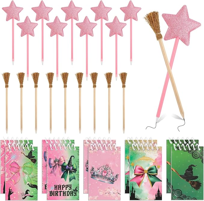 40 Pcs Princess and Witch Party Favors Include 10 Witch Broom Pencils 10 Pink Star Ballpoints 20 Mini Notebooks for Wizard Birthday Witch Halloween Party Supplies