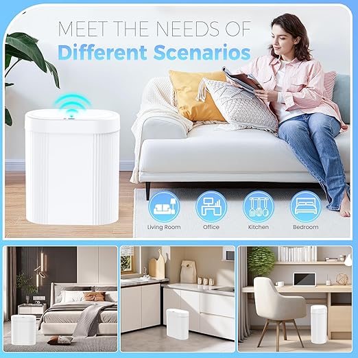 5 Gallon Bathroom Trash Can with Lid, Automatic Motion Sensor White Trash Can, Touchless Slim Waterproof Garbage Bin for Kitchen, Bedroom, Office, and Bathroom