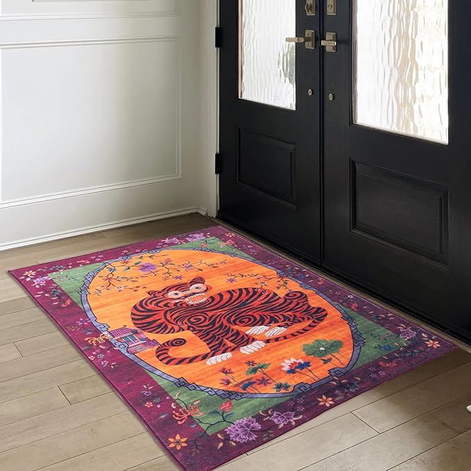 Tiger Rug Washable 3x5 ft Oriental Traditional Animal Print Vintage Fuchsia Floral Tibetan Rugs for Bedroom Kitchen Living Room Indoor Entryway