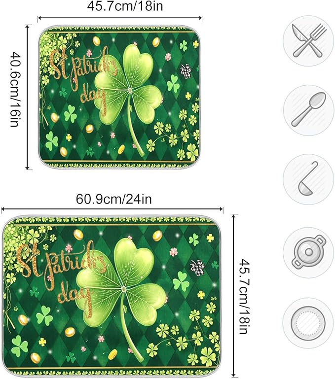 St Patrick's Day Clovers Green Dish Drying Mat 18x24 for Kitchen Lucky Shamrock Leaves Golden Coins Dishes Pad Dish Drainer Rack Mats Absorbent Fast Dry Kitchen Accessories