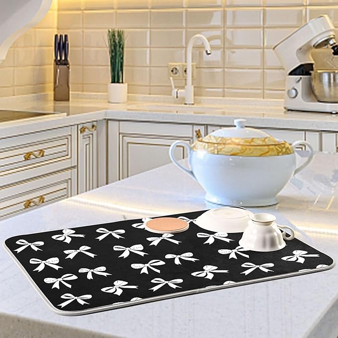 Black Bow Dish Drying Mat for Kitchen Countertop 18x24 Bowknot Coquette Rectangle Large Drying Mat Reusable Quick Dry Dish Sink Absorbent Mats Dishwasher Easy Clean Decorative Home Decor Essentials
