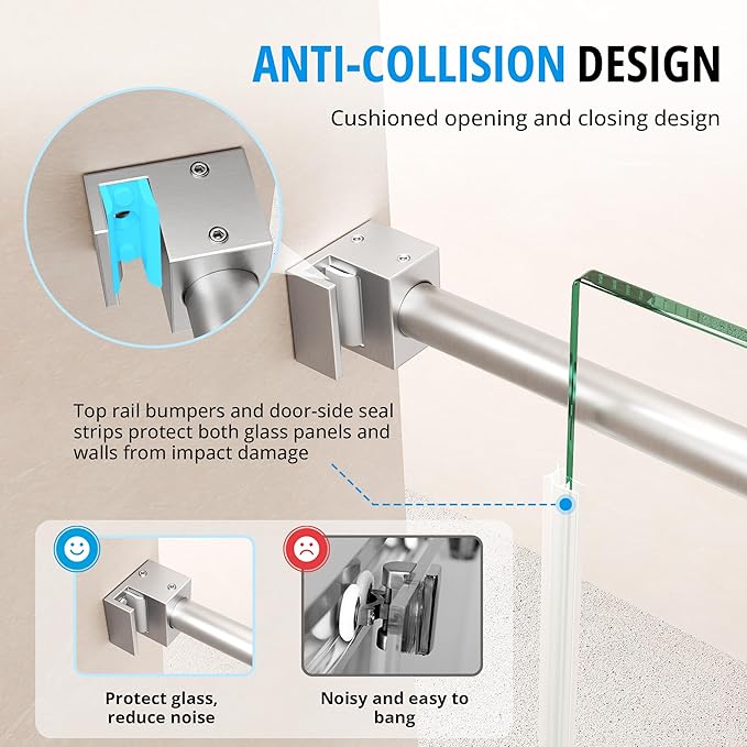 Frameless Sliding Shower Door 56–60 in W x 76 in H, 10mm Clear Tempered Glass Shower Doors Glass Sliding 60 Inches, Single Nano Coating, Stainless Steel Hardware, Silent Smooth Rollers, Brushed Nickel