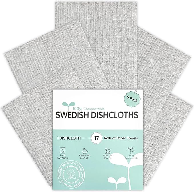 Swedish Dishcloths for Kitchen, 5 Pack Swedish Dish Cloths, Ultra Absorbent Reusable Paper Towels, Cellulose Sponge Cloths, Quick Drying, No Odor, Dishwasher Safe Grey