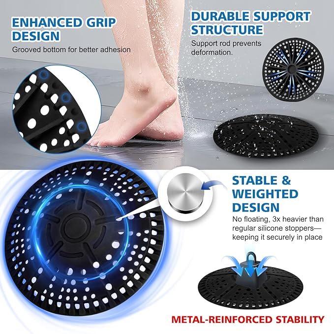 ZOOY Shower Drain Hair Catcher, 2 Pack 5.5 Inch Silicone Large Drain Cover, Bathroom Hair Drain Catcher, Flat Anti-Clog Hair Trap for Shower, Bathtub, Tub & Sink Hair Strainer(Dark Grey)