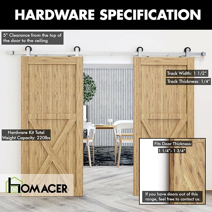 Homacer Brushed Nickel Non-Bypass Sliding Barn Door Hardware Kit, for Two/Double Doors, 20ft Long Flat Track, T-Shape Design Roller, Heavy Duty, for Interior & Exterior Use