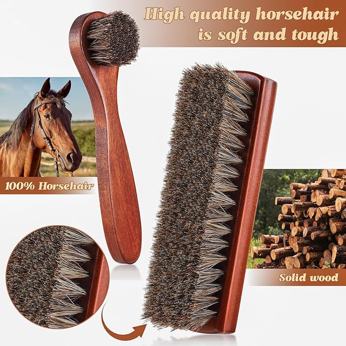 2 Pcs Horsehair Shoe Brush Kit Polishing Daubers Applicators Leather Care Brushes Shine Cleaning Cloth with Case(Shoe Brush Set G)