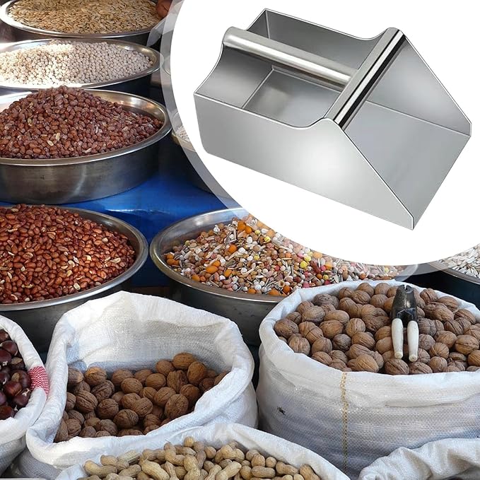 Generic Stainless Steel Dustpan with Handle Collector Handheld Scooper Manual Spade Scoop for Soybeans Outdoor Commercial Use Farm, 25cmx25cmx12cm