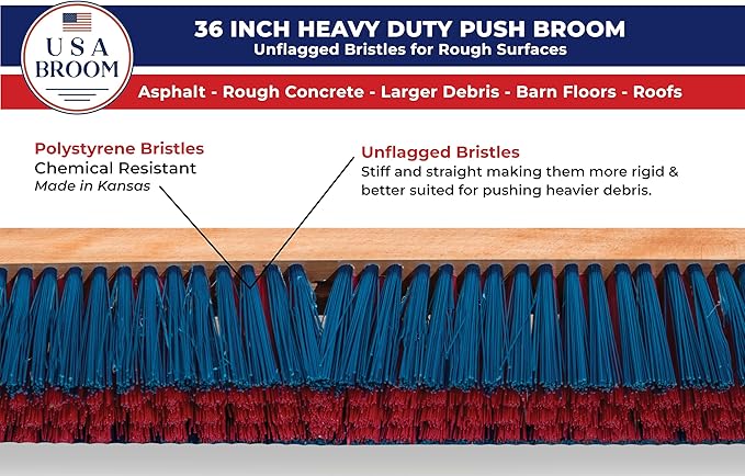 36" Heavy Duty Outdoor Push Broom with 60" Handle. Ideal for Asphalt, Concrete & Heavy Debris. Durable American Made Steel Brackets-Stainless Steel Hardware. No Plastic. 100% USA Made
