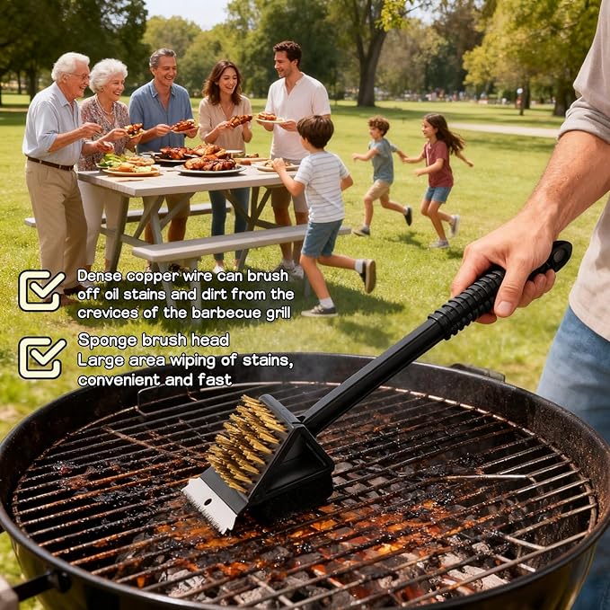 3-in-1 Grill Brush with Scraper & Scrub Pad, 14.5" Long Handle Brass Brush for BBQ Grill Cleaning, Heavy Duty Copper Bristles, Rust-Proof, Hanging Hook, Safe for Gas/Charcoal Grills