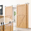 Homacer Brushed Nickel Single Track Bypass Sliding Barn Door Hardware Kit, for Three Doors, 4ft Long Flat Track, StraightDesign Roller, (2 Flat+ 1 Bent Roller Set)