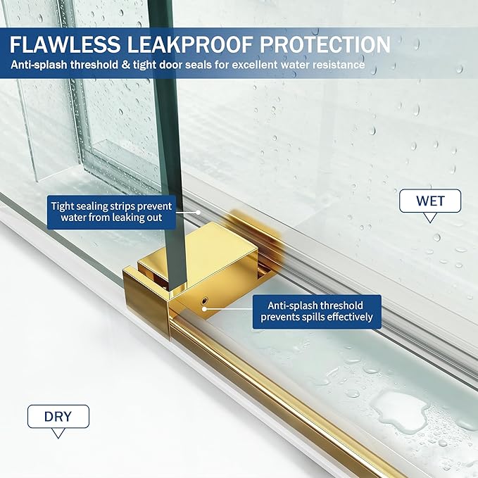 Abruzzo 56"-60" x76" Frameless Shower Door Gold - Soft-Close Sliding Enclosure with 6mm Explosion-Proof Glass, Adjustable Reversible Design for Modern Bathrooms