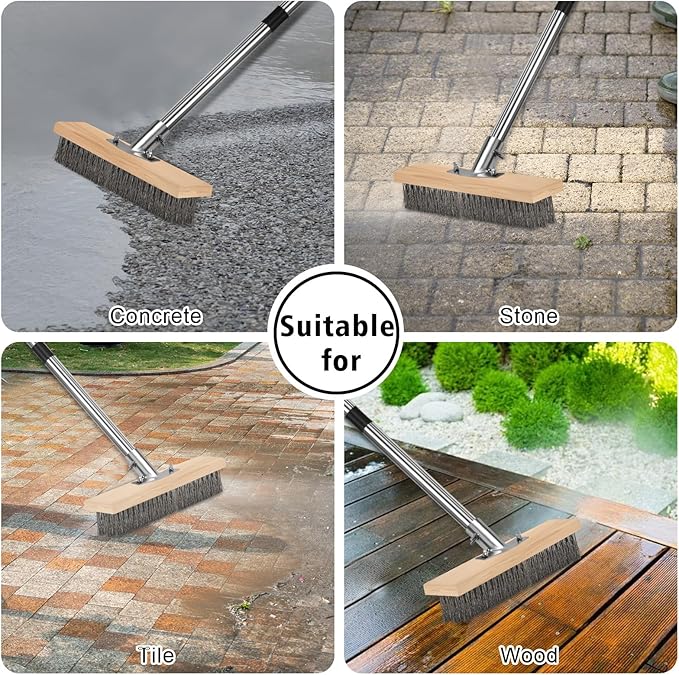 Heavy Duty Wire Push Broom with Crack Weeder Brush Set, Multifunction Moss Remover with Scraper Weed Puller, Detachable 64.9in Handle for Outdoor Deck Pavers Patios Walkways Concrete Cleaning