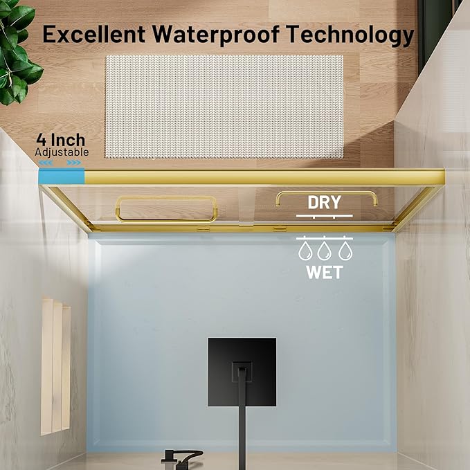 56-60" W x 70" H Double Sliding Shower Door, Semi-Frameless Shower Door with 1/4"(6mm) Clear Tempered Glass, Silent Soft-Close Door for Walk-in Shower, Brushed Gold