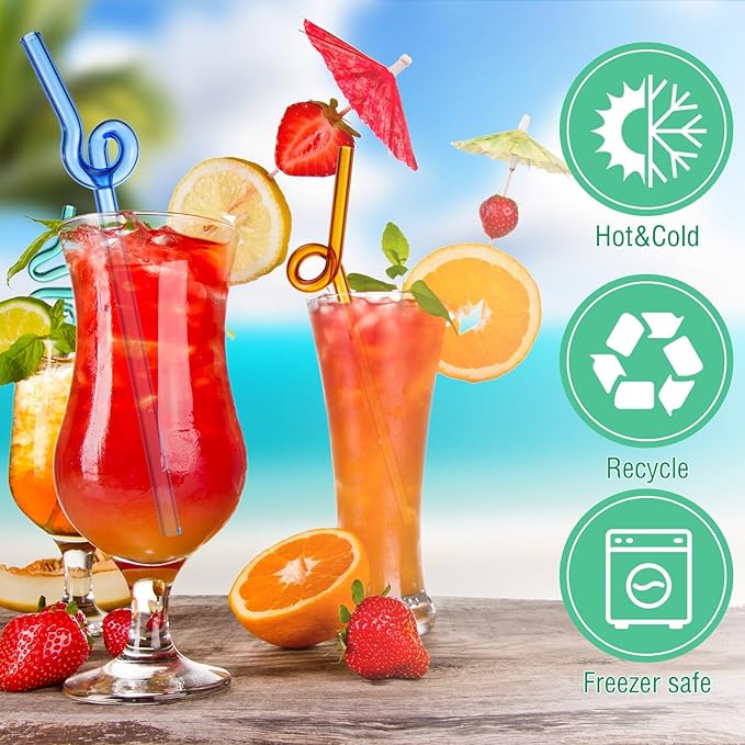 Yinkin 6 Pcs Wavy Glass Straws Reusable Curved Straw Shatter Resistant with 2 Cleaning Brushes Clear Silly High Borosilicate for Kids Adults Smoothies Juice (Colorful, 8 Inch)