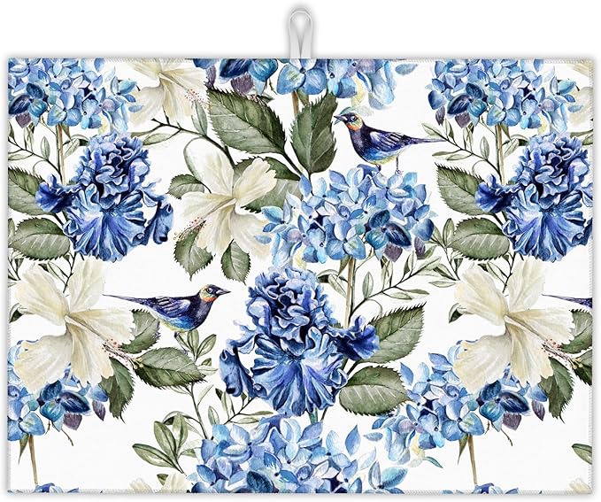 Blue Hydrangea Flowers Dish Drying Mat,Bird Drying Rack Pad Countertop Dishes Ultra Absorbent Microfiber Kitchen Counter Mat for Coffee Countertop Decor 18x24 Inch