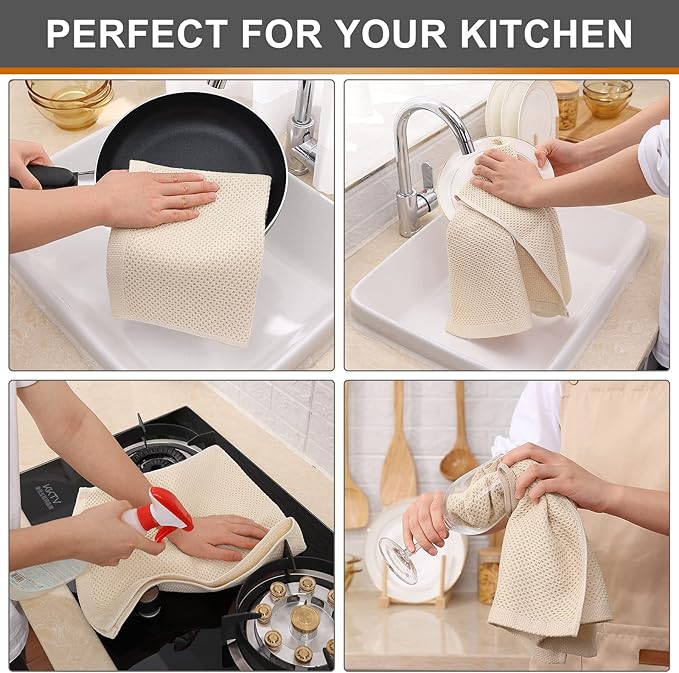 Kitinjoy 100% Cotton Waffle Weave Kitchen Hand Towels (13 x 28 Inches, Beige), 4-Pack Super Soft and Absorbent Dish Towels for Drying Dishes,