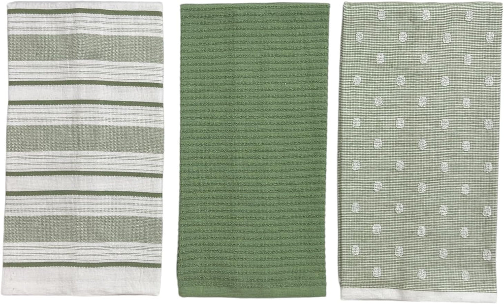 Sage Green White Kitchen Hand Dish Towels: Oversized 28" x 16",100% Cotton Cloth Soft Cleaning Drying Absorbent Striped Solid Polka Dot Design, Set of 3 Multipurpose for Everyday Use (Green Austin)