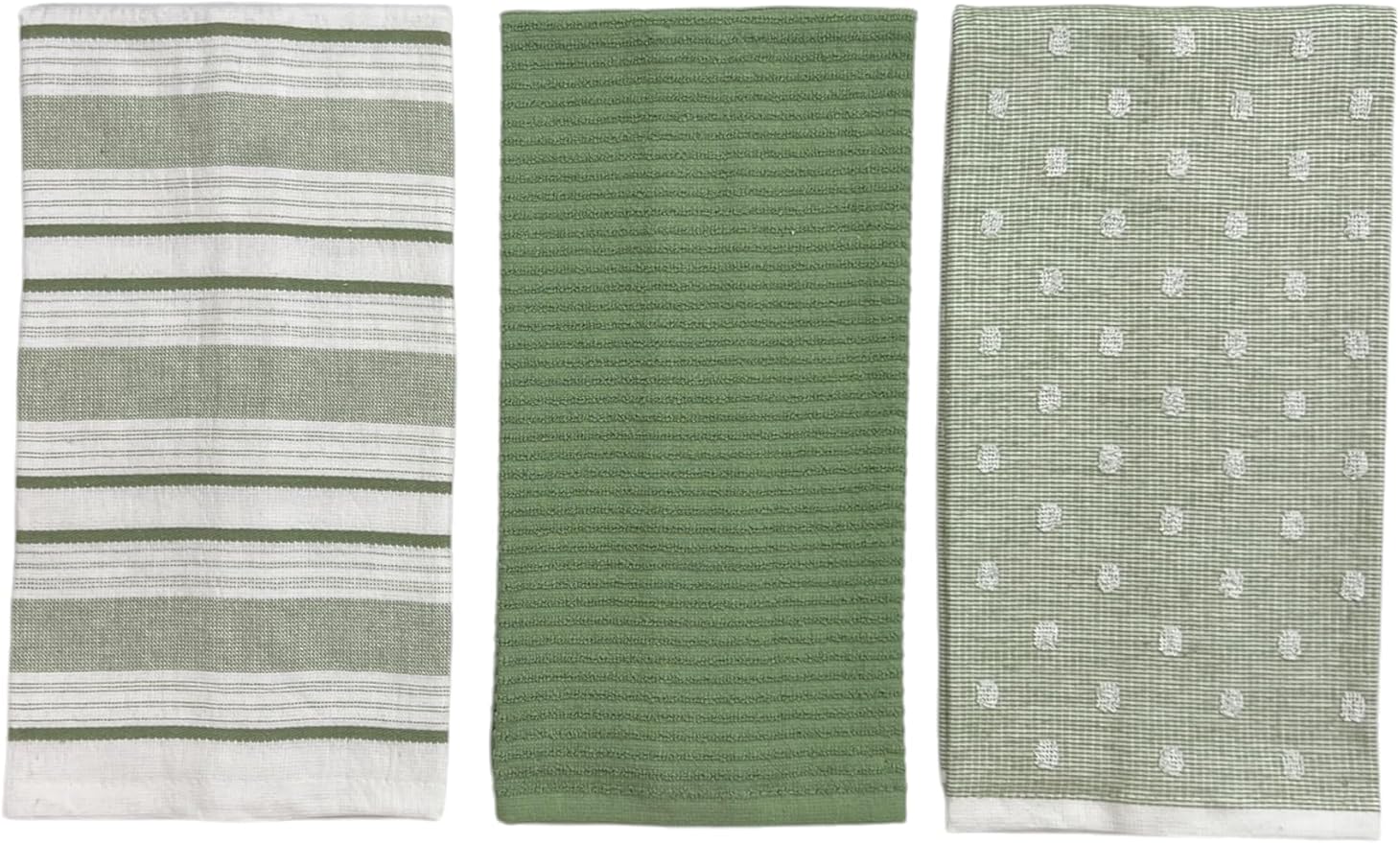 Sage Green White Kitchen Hand Dish Towels: Oversized 28" x 16",100% Cotton Cloth Soft Cleaning Drying Absorbent Striped Solid Polka Dot Design, Set of 3 Multipurpose for Everyday Use (Green Austin)