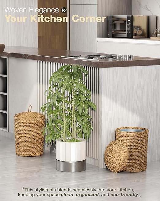 BLUEWEST 3 Gallons Wicker Trash Can with Lid,Handwoven Rattan Trash Can, Woven Decorative Wastebasket, Wicker Waste Basket with Removable Plastic Inner Bin for Bathroom, Bedroom, Office, or Kitchen
