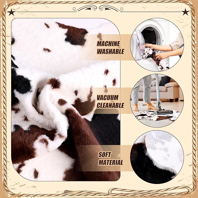 2 Pack Mini Faux Cowhide Rug, Mini Rustic Cowhide Rug Cute Rural Western Animal Pattern Decorative Rugs for Table Mat Decoration, Cowboy Parties, 19.6" W x 23.6" L