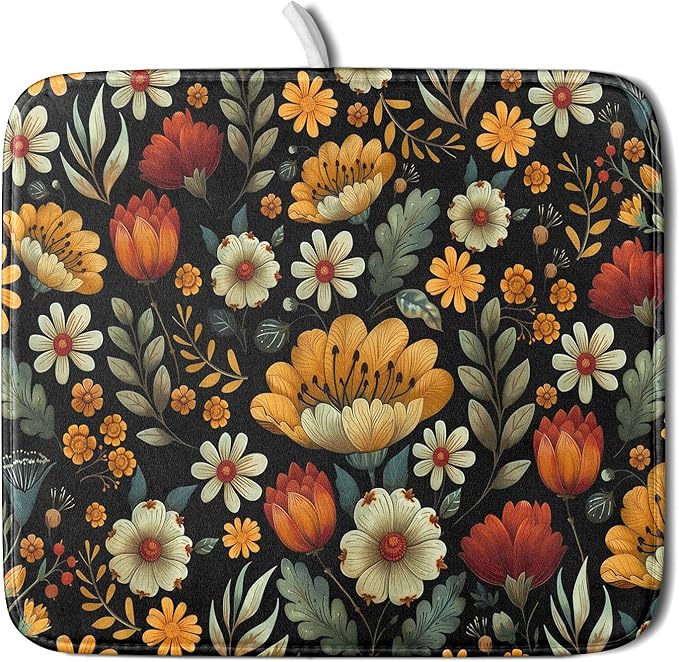 Vintage Boho Floral Dish Drying Mat for Kitchen Counter,Yellow Beige Black Spring Flower Drying Mat 16 x18 Inch with Absorbent Reversible Microfiber Drying Pad for Coffee Bar