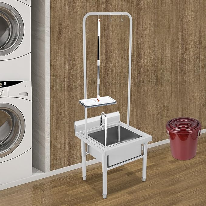 Stainless Steel Floor Mop Sink, Mop sink with Cleaning Tool Rack & Faucet & Drainage, for Laundry Room,Kitchen, Restaurant