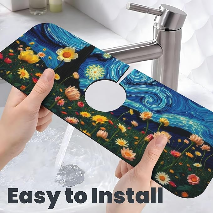 Starry Night Flowers Dish Drying Mat for Kitchen Counter, 18"x24" Microfiber Absorbent Fast Dry Mat, 2Pcs Dish Mat Faucet Mats Sets, Large Drying Kitchen Mat Kitchen Drying Pad