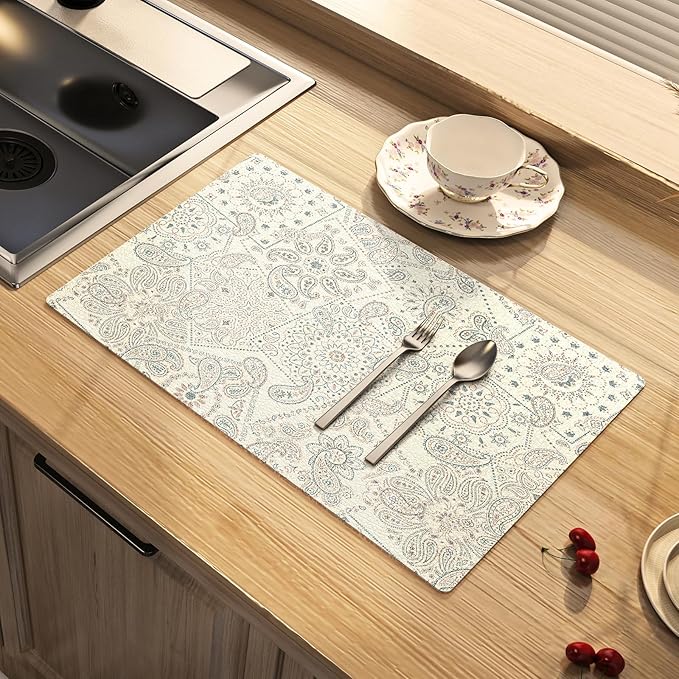 Dish Drying Mat Paisley Absorbent Coffee Mat Rubber Backed Bohemian Soft Silicone Kitchen Dish Draining Mat for Kitchen Bathroom Coffee Bar (Paisley White, 12 x 16 Inches)
