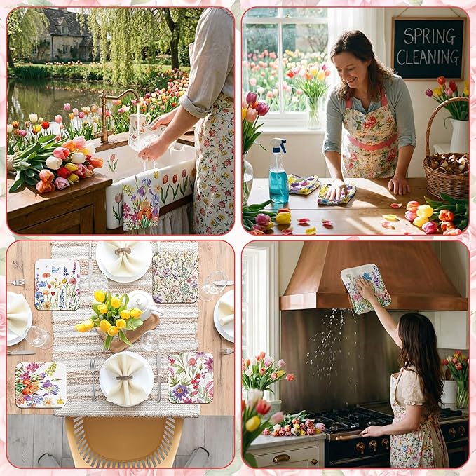 Tinlade 36 Pack Wildflower Reusable Cleaning Cloths Washable Kitchen Towels Bulk Absorbent Cotton Dish Towels for Home Cleaning Kitchen Spring Decor