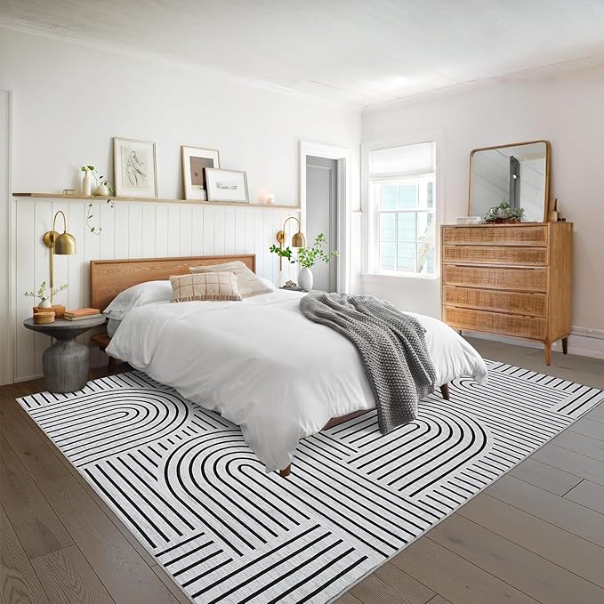 Washable Rug 5x7 Area Rugs for Living Room, Abstract Rug for Bedroom, Soft Rainbow Non Slip Rugs with Rubber Back, Low Pile Stain Resistant Boho Geometric Carpet for Dining Room, Blackwhite