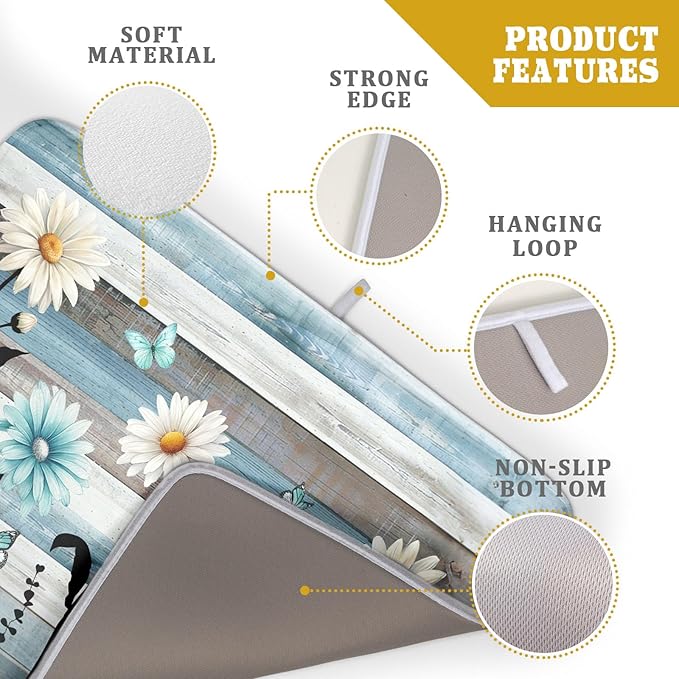 Blue White Daisy Floral Dish Drying Mat for Kitchen Counter,Sprinng Rustic Wood Drying Mat 18 x 24 Inch with Absorbent Reversible Microfiber Drying Pad for Coffee Bar