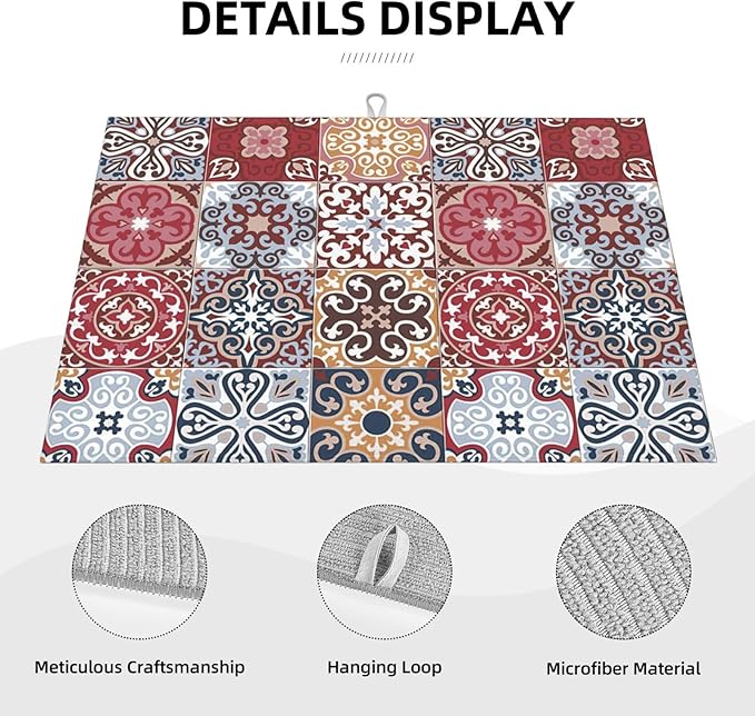Retro Bohemian Dish Drying Mat 18x24 inches Microfiber Absorbent Fast Dry Mat for Kitchen Counter Coffee Bar Artistic Boho Grid Large Drying Mat Kitchen Decor Gifts (Boho, 18x24 inches)