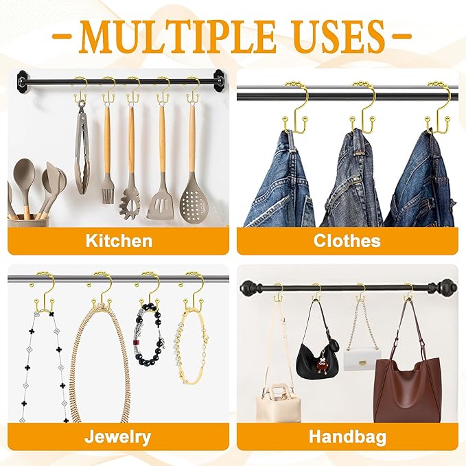 Shower Curtain Hooks, 12 Pcs Rustproof Metal Shower Curtain Rings,Free Sliding Double Shower Hooks for Shower Curtain & Liners, Shower Curtain Hangers for Bathroom Shower Curtain Rods Curtains (Gold)