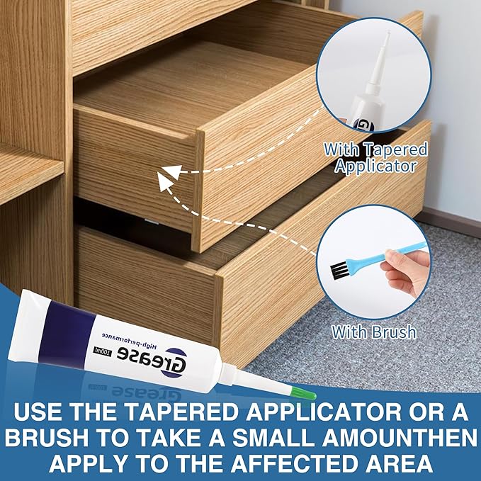 Drawer Slide Grease 3.38oz Multi-Purpose Lubricant for Cabinet Slides, Door Hinges, Bearings, Gears, Garage Doors and Window Tracks, With Cleaning Cloth, Tapered Applicator and Brush