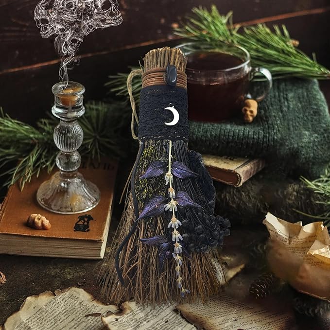 Cinnamon Broom 7.5 Inch Handmade Witch Broom for Altar Mini Cinnamon Broomstick Scented Natural Herbal Protection Magic Witchcraft Supplies for Halloween Wiccan Décor Witchy Gifts (Black)