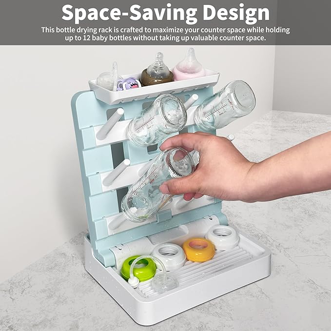 Baby Bottle Drying Rack, Vertical Standing Bottle Dryer Rack Holder-Space Saving Baby Bottle Drying Rack for Countertop-Holds Up to 12 Baby Bottles & Cup(Blue & White)