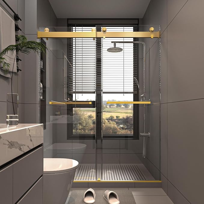 Shower Door 56–60 in W x 76 in H 3/8" Tempered Glass Double Sliding Shower Door Frameless Brushed Gold Exquisite Rolling Track Design Reversible Installation for Modern Bathroom