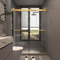 Shower Door 56–60 in W x 76 in H 3/8" Tempered Glass Double Sliding Shower Door Frameless Brushed Gold Exquisite Rolling Track Design Reversible Installation for Modern Bathroom