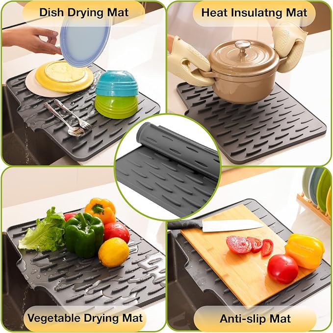 CHIKILLA Silicone Dish Drying Mat for Kitchen Counter, Fast Drainage Design for Vegetables Fruits, Heat Resistant, Non-Slip , Dishwasher Safe – 15.7x13 inch Graphite Gray