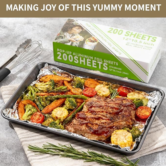 Aluminum Foil Sheets - 200 Count Pre Cut Tinfoil, 12" x 10.6" Inch Pre Cut Foil Sheets for Food, Hot Dog or Sandwich Wrap, Food Storage, Baking, Catering, Restaurant, Kitchen Use