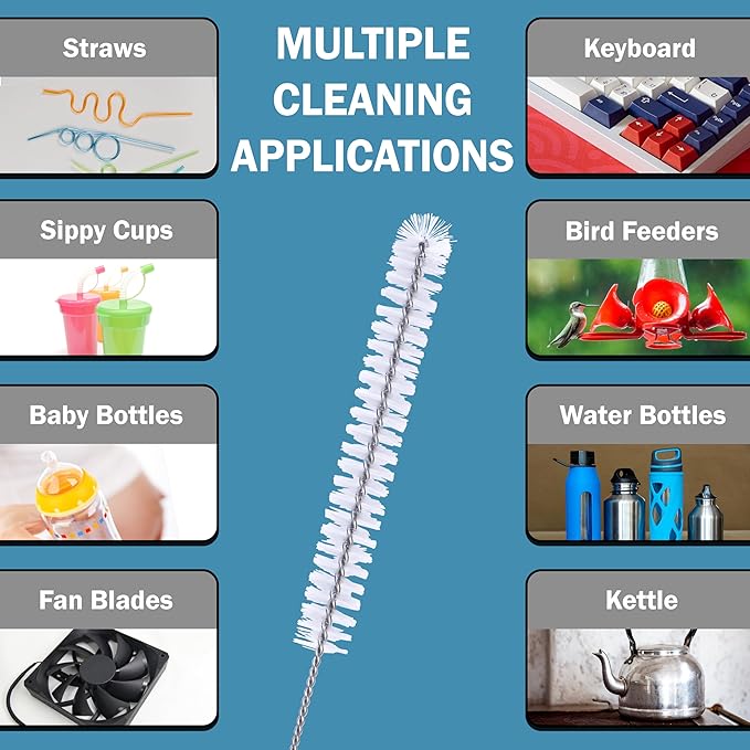 Strong 'n Flex Nylon Straw Cleaner Brushes – Fan-Shaped End for Tight Spaces, Ideal for Reusable Straws, Water Bottles, Sippy Cups & Pipes – Includes Zippered Pouch – 8" Long – Set of 8