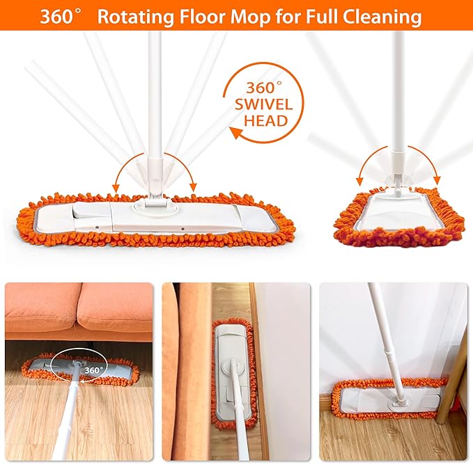 Dust Mop for Floor Cleaning with Washable Microfiber Pad - JEHONN Dry Wet Flat Mop with Scouring Pad for Hardwood, Laminate, Tile, Marble