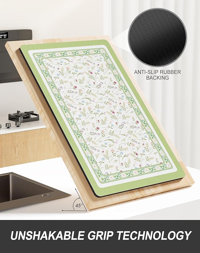 Rnivvi Dish Drying Mat for Kitchen Counter, XL 15 x 24" Cute Flower Theme Absorbent Draining Pad, Non-Slip Heat Resistant Coffee Bar Mat for Coffee Machine Station Accessories, Green Dish Rack Pad
