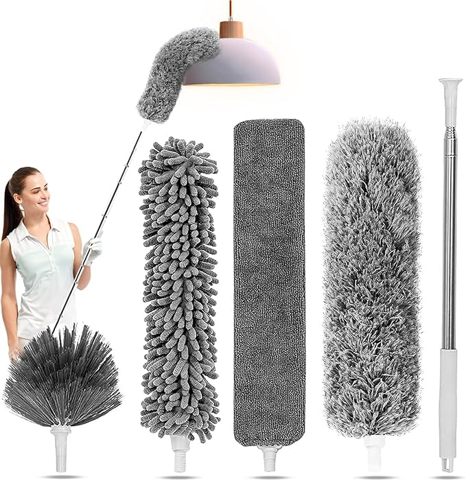 Duster for Cleaning 5-in-1 Kit, 100 Inches Duster with Extension Pole, Extendable Duster, Microfiber Feather Duster, Cobweb Dusters for High Ceilings, Furniture, Blinds, Wall- Grey