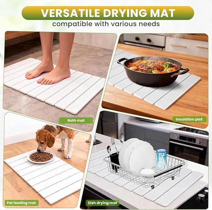 Stone Dish Drying Mat for Kitchen Counter, 24"x16" Large Quick Dry Stone Dishes Mats, Super Absorbent Diatomaceous Earth Drying Pad for Dishes, Cups, Bottles, Utensils